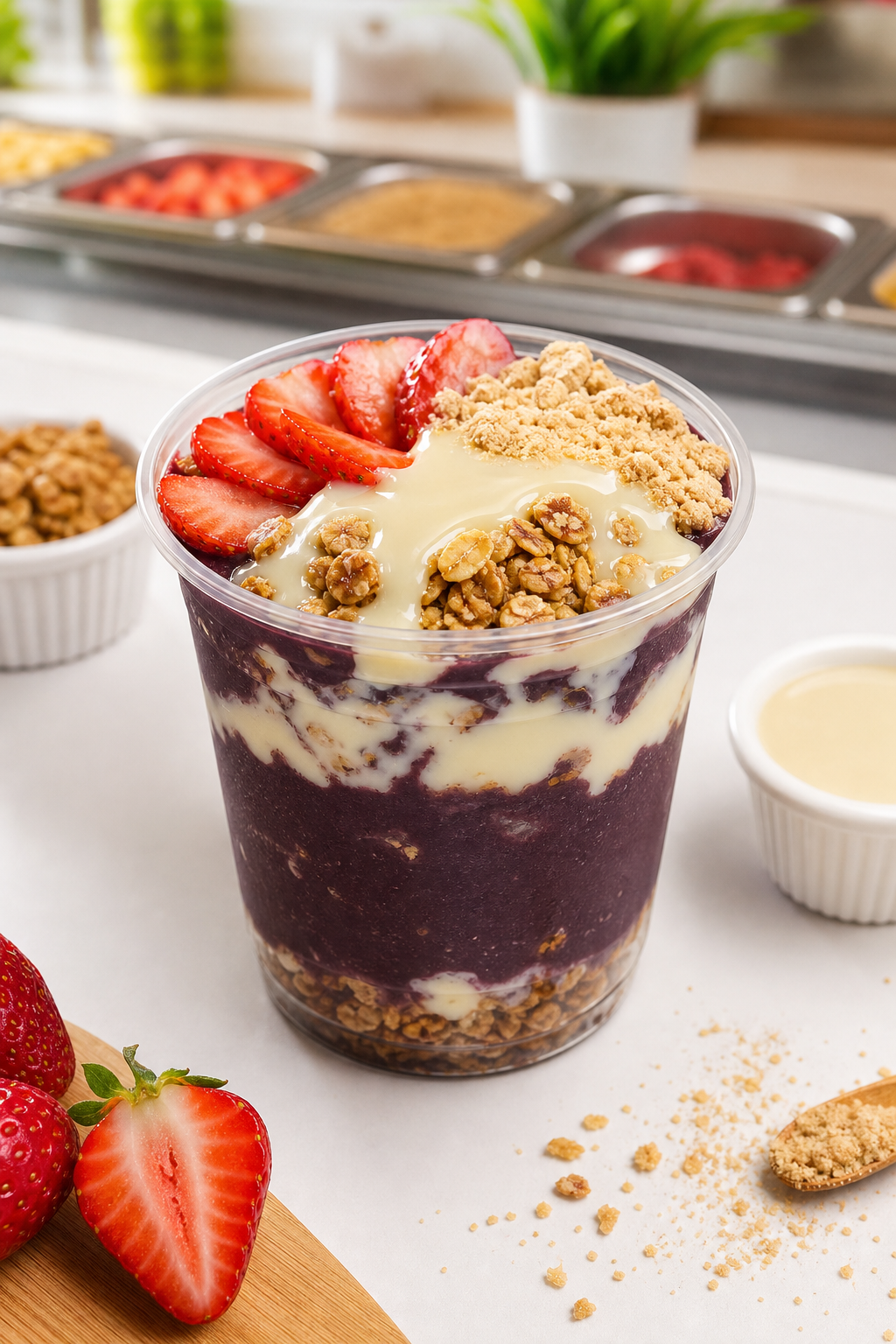 Açaí 300ml com morango, leite condensado e granola