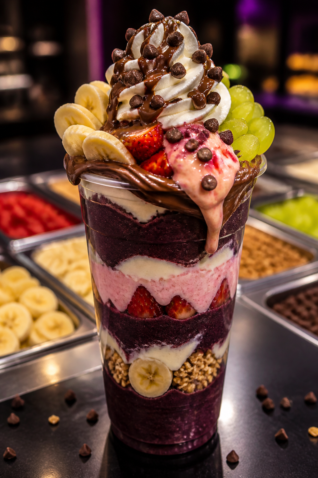 Açaí 700ml com banana, Nutella, chantilly e chocolate